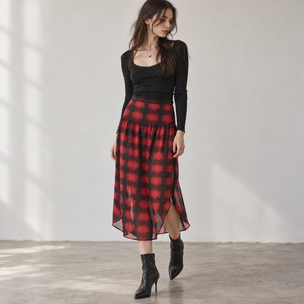 Volcom Bella Vida Sheer Maxi Skirt Red Black Grunge Plaid Dark Romance S